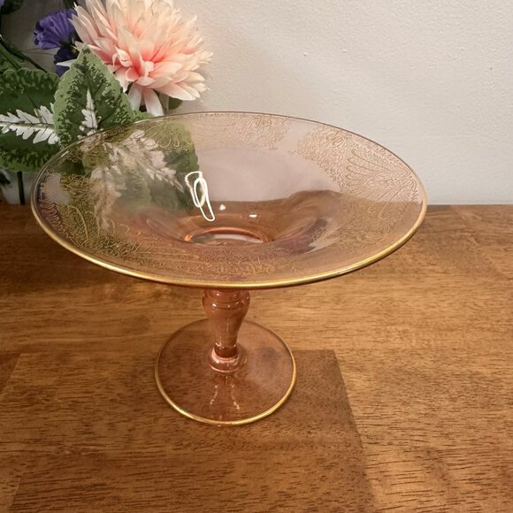 Vintage Pink Depression Glass‎ Compote Gold Etched Pedestal Dish Elegant 1930s - Picture 2 of 7